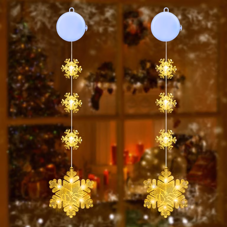 Luci decorative a forma di fiocchi di neve per finestre, set da 2, luce bianco caldo, LED, con timer, alimentate a batteria