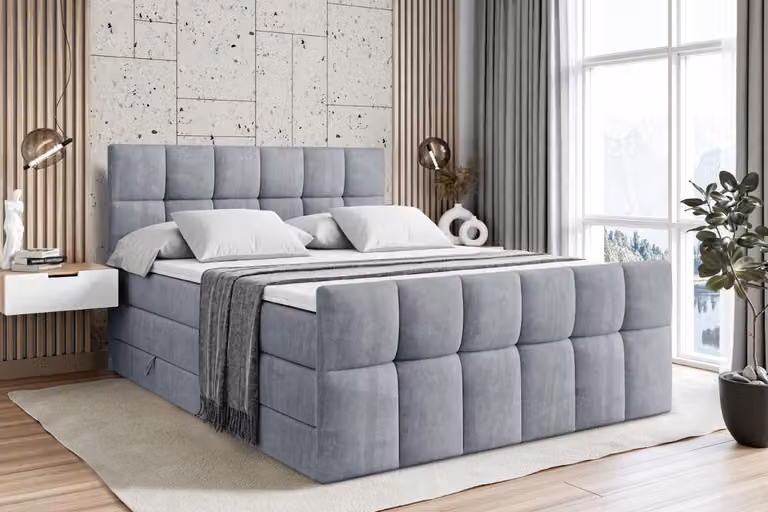 Letto boxspring ALTDECOR con materasso e rete a doghe - RICAR -Z KING - 180x200 cm - Grigio velluto - Topper, pediera, letto imbottito con contenitore, letto con vano portaoggetti H3 e H4 - Materasso, letto matrimoniale, letto boxspring