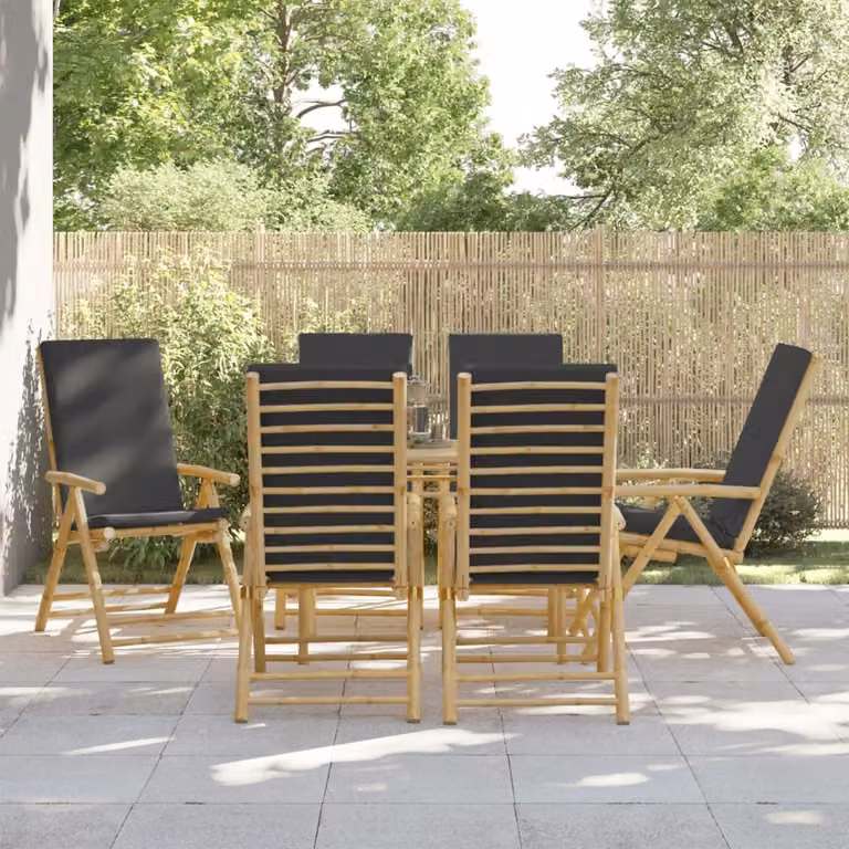 Set di 6 sedie da giardino reclinabili vidaXL in bambù con cuscini grigi e braccioli