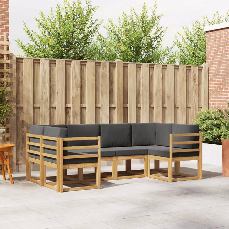 Set di divani da esterno vidaXL a forma di L composto da 6 pezzi in legno di acacia con cuscini bianchi e antracite