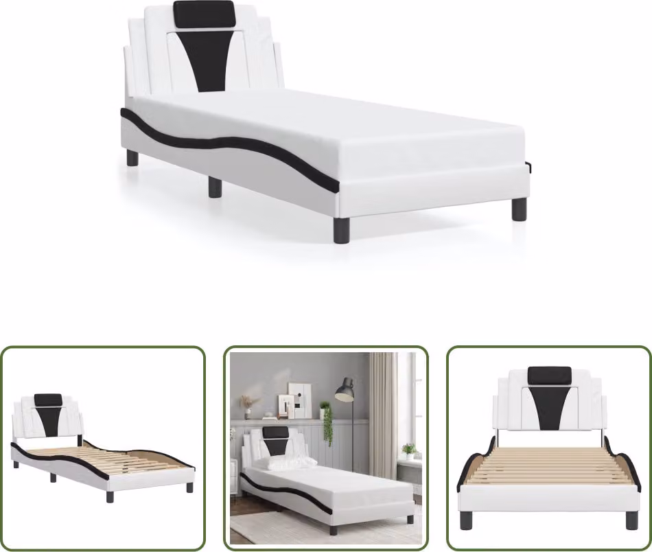The Living Store Struttura letto con testiera bianca e nera 90x200 cm in ecopelle