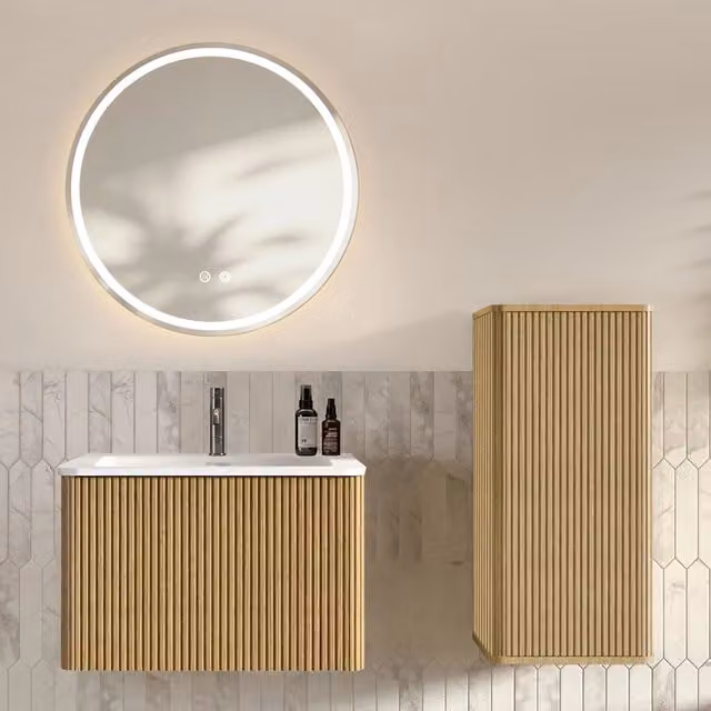 Set Mobile Bagno 60 cm con Lavabo, Specchio LED Rotondo e Colonna Laterale, Pensile Sospeso Colore Rovere
