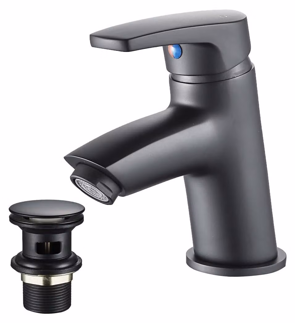 Miscelatore monocomando per lavabo, colore nero, in ottone, completo di tubi flessibili