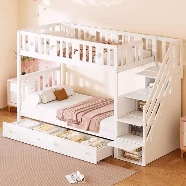 Letto a castello 90x200 cm con scala contenitore e 2 cassetti in legno bianco