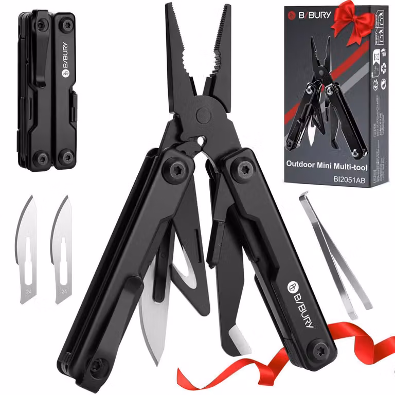 Miniutensile multifunzione a pinza, 10 funzioni in 1, acciaio inossidabile, colore nero, con rompitubi e pinzette