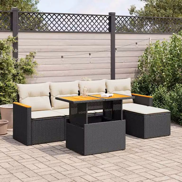 Set Divano da Giardino a L vidaXL in Polyrattan Nero con Cuscini Bianchi e Tavolino da Esterno