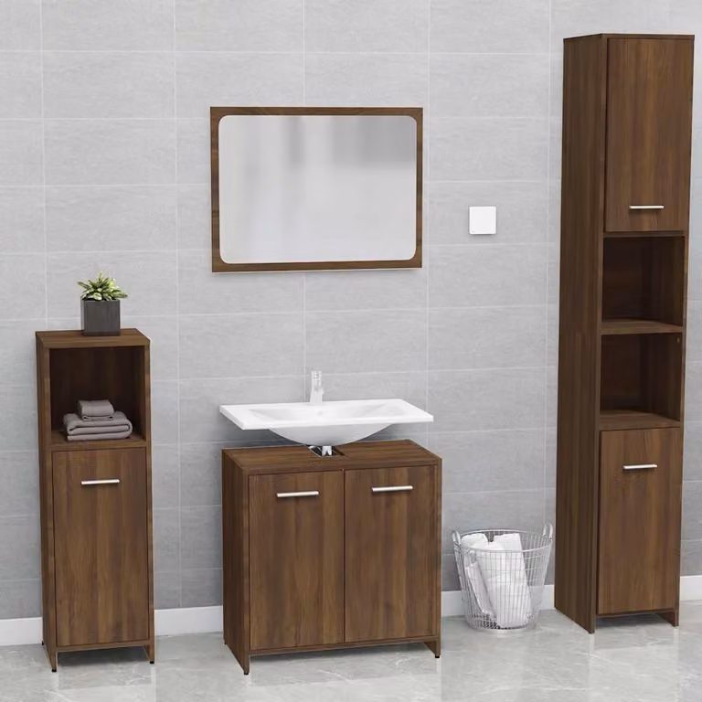 Set Mobili da Bagno Moderni vidaXL in Legno Rovere Marrone con Mobile Sottolavabo e Pensile con Specchio, L/P/H: 60 x 33 x 61 cm