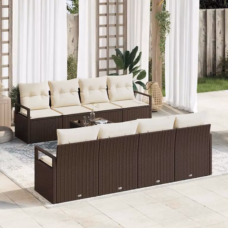 Set di divani da giardino vidaXL a forma di U composto da 7 pezzi con cuscini in marrone e beige e tavolino da esterno in vetro e metallo