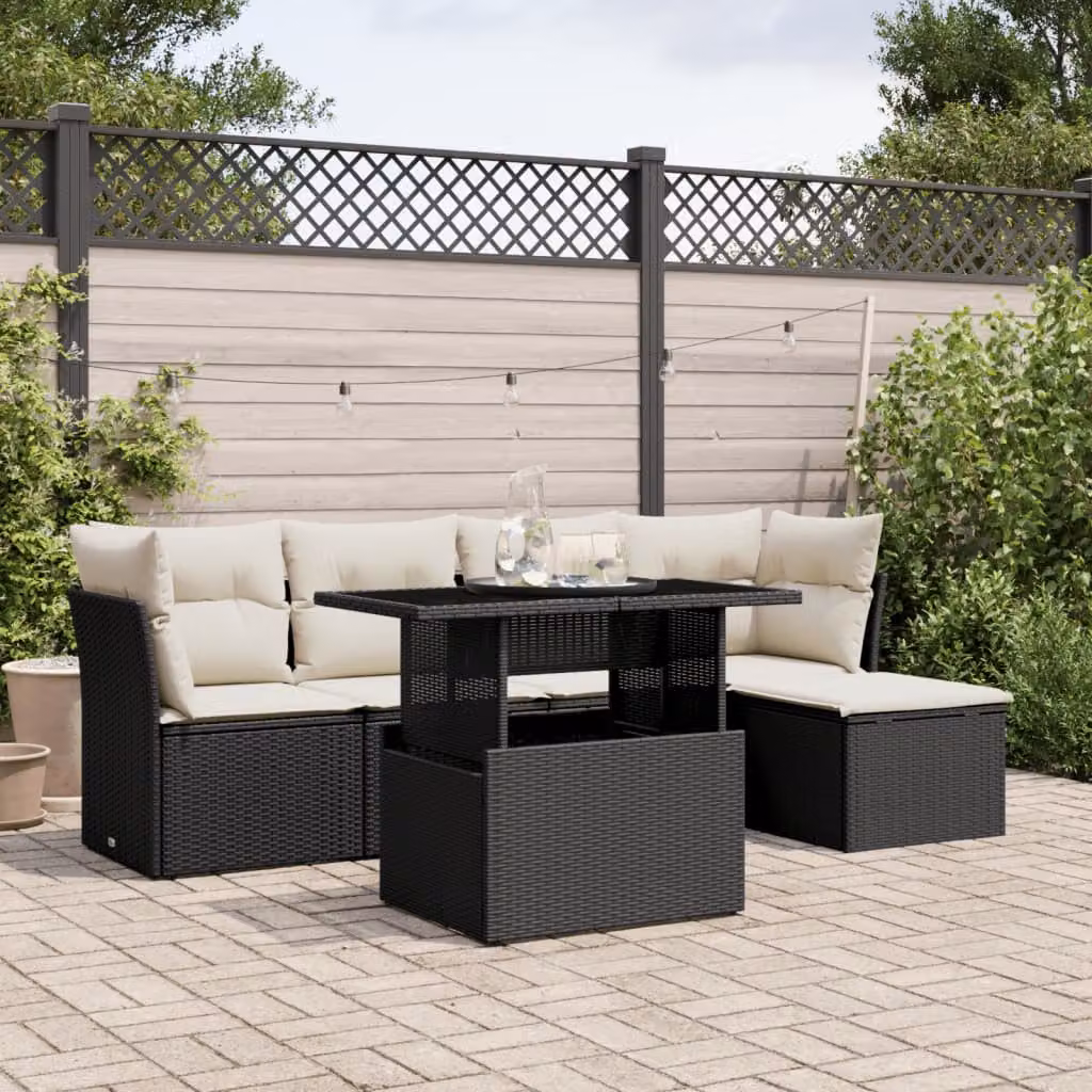 vidaXL Set Divano da Giardino a L 6 pz con Cuscini e Tavolino Nero in Polyrattan e Acciaio – 1