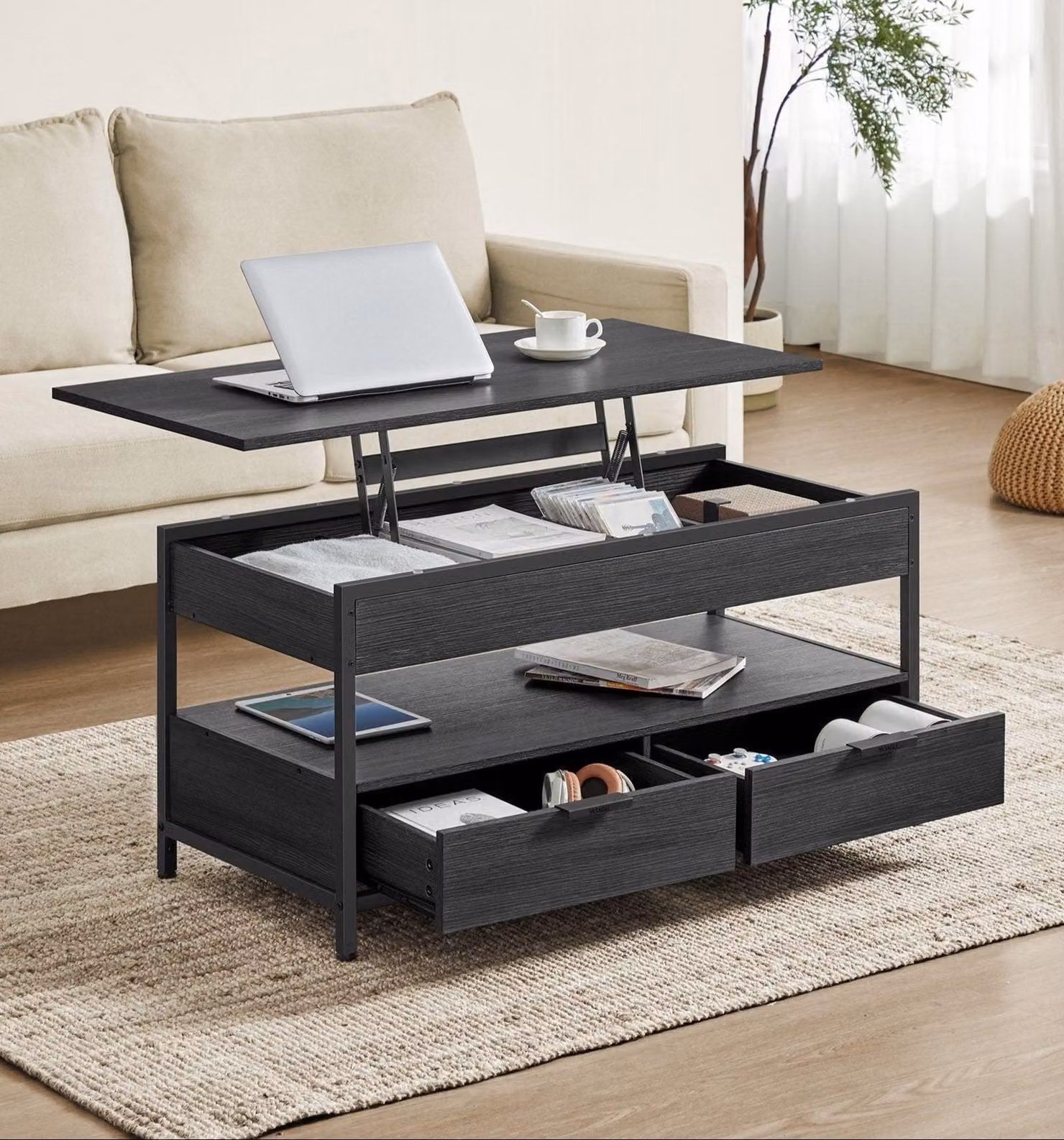 Tavolino con vano aperto, altezza regolabile, colore antracite/nero, dimensioni 50 x 100 x 48-63 cm