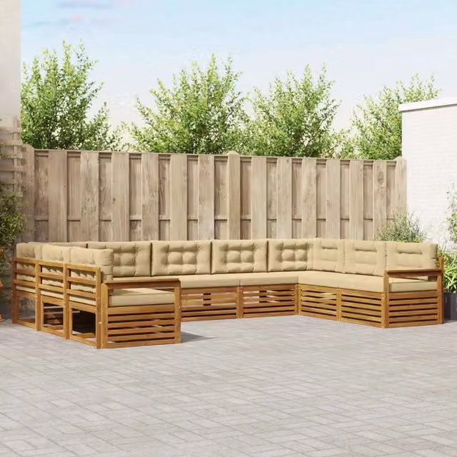 Set di divani da esterno vidaXL a forma di L in legno di acacia con cuscini beige e naturale, 9 pezzi