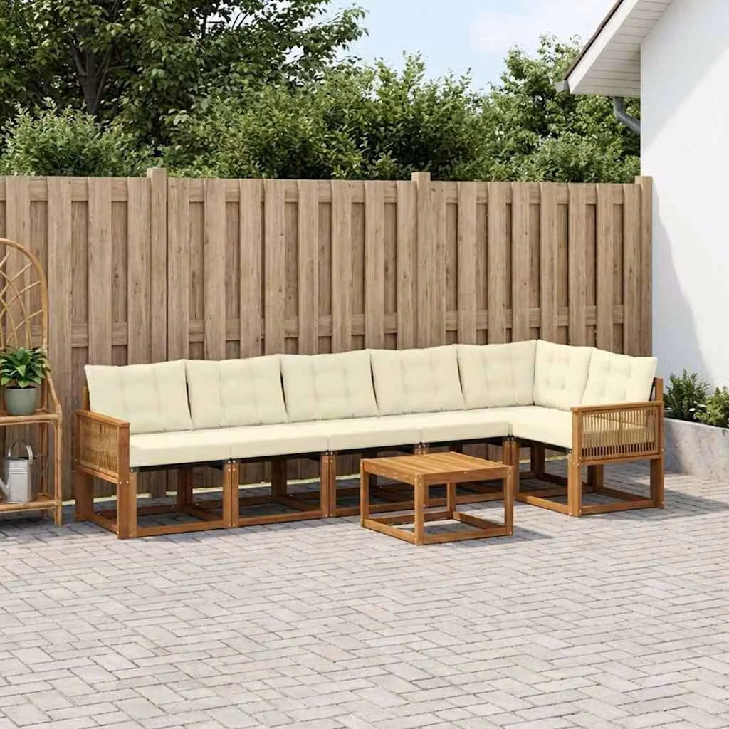 Set di divani da esterno vidaXL a forma di L composto da 7 pezzi in legno di acacia con cuscini beige e marrone e tavolino da caffè per giardino e terrazza