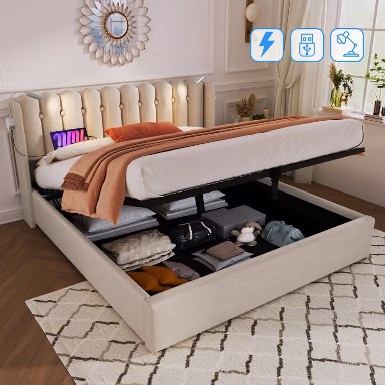 Letto imbottito Flieks 140x200cm con rete a doghe, letto a molle idrauliche con USB e luce di lettura, letto contenitore letto matrimoniale, biancheria, beige
