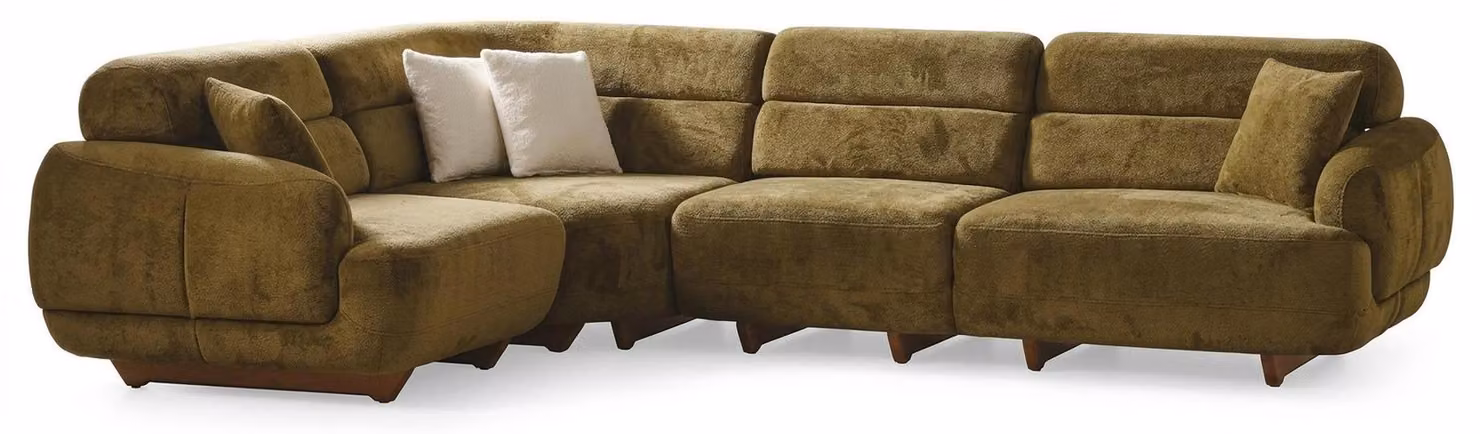 Divano angolare verde, stile moderno, gambe in legno, braccioli imbottiti, struttura in legno
