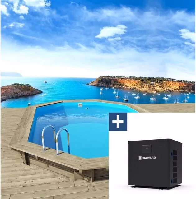 Piscina fuori terra ovale Miami di Habitat et Jardin in legno e metallo, colore grigio e blu, con mini pompa di calore da 3,5 kW, filtro e scala, L: 486 cm, P: 336 cm, H: 120 cm