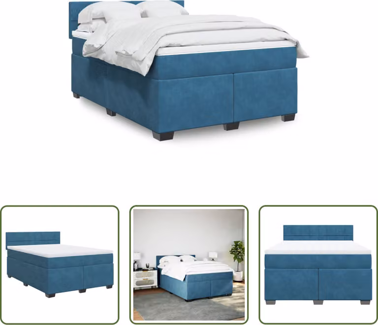 The Living Store Letto a molle con materasso blu scuro 140x190 cm in velluto