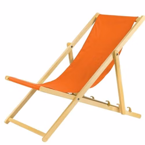Set di due poltrone pieghevoli arancioni in legno, con sistema di sicurezza. Sedia pieghevole, poltrona da giardino, sedia da spiaggia, lettino da giardino