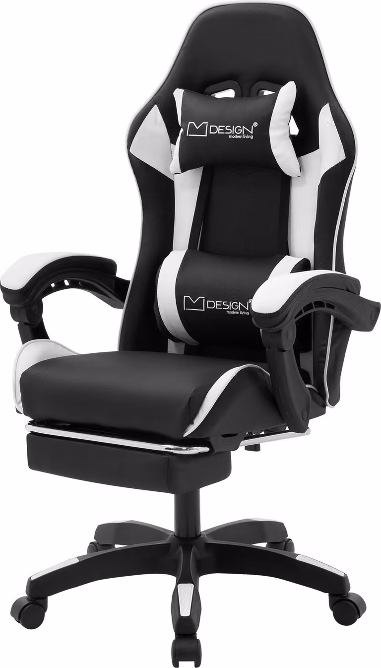 ML-Design sedia da gioco con poggiapiedi, Similcuoio bianca e nera, sedia da ufficio ergonomica con bracciolo poggiatesta cuscino lombare, sedia girevole regolabile