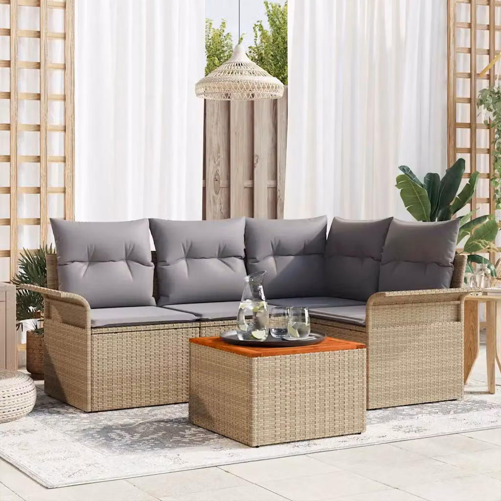 Set Divano da Giardino vidaXL a Forma di L con Tavolino, 5 Pezzi, Beige e Grigio, con Cuscini e Struttura in Acciaio Verniciato a Polvere – 1