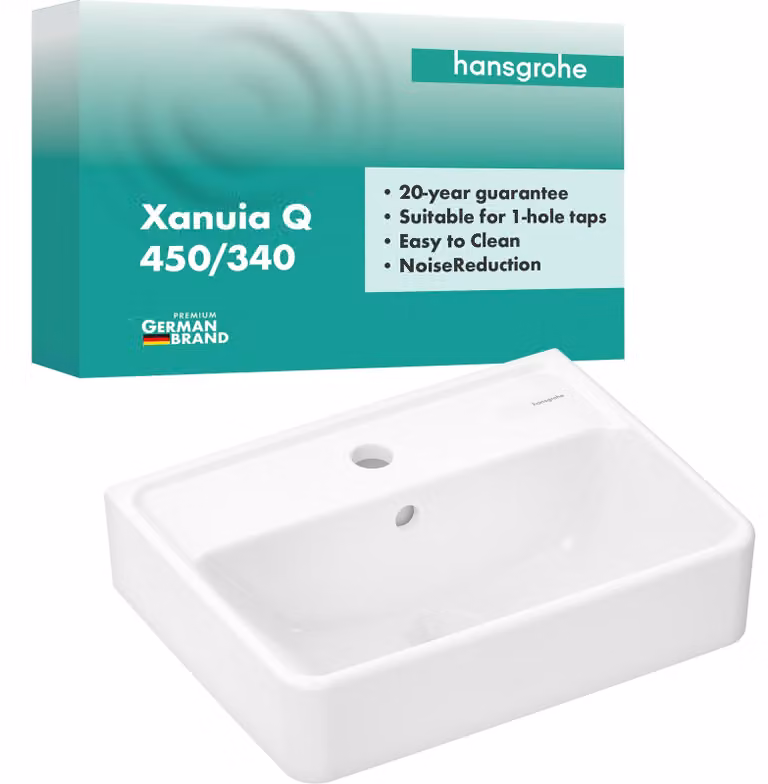 Lavabo da appoggio, dimensioni 450x340x105 mm, bianco, con foro per il rubinetto e sistema di troppo pieno