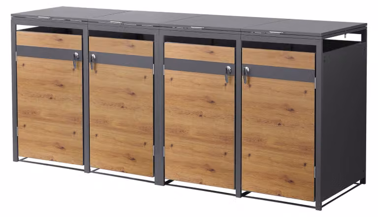 Contenitore per bidoni della spazzatura ML-Design, modello a 4 scomparti, per 4 bidoni da 240 litri, dimensioni 264x80x120 cm, finitura antracite effetto legno, realizzato in acciaio, resistente agli agenti atmosferici e dotato di serratura