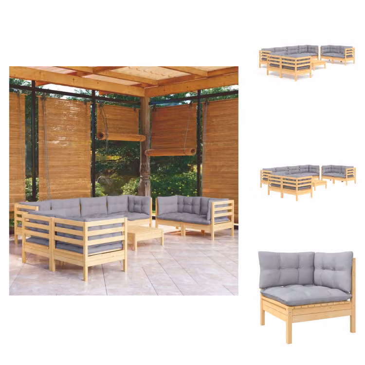 vidaXL Set 9 pezzi da giardino con cuscini grigi in pino massiccio - Set di mobili da giardino