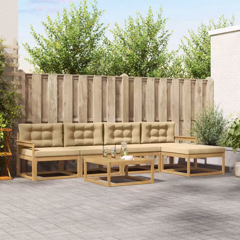 Set di divani da esterno vidaXL a forma di L composto da 6 pezzi con tavolino e pouf, struttura in legno di acacia e cuscini in poliestere bianco e beige