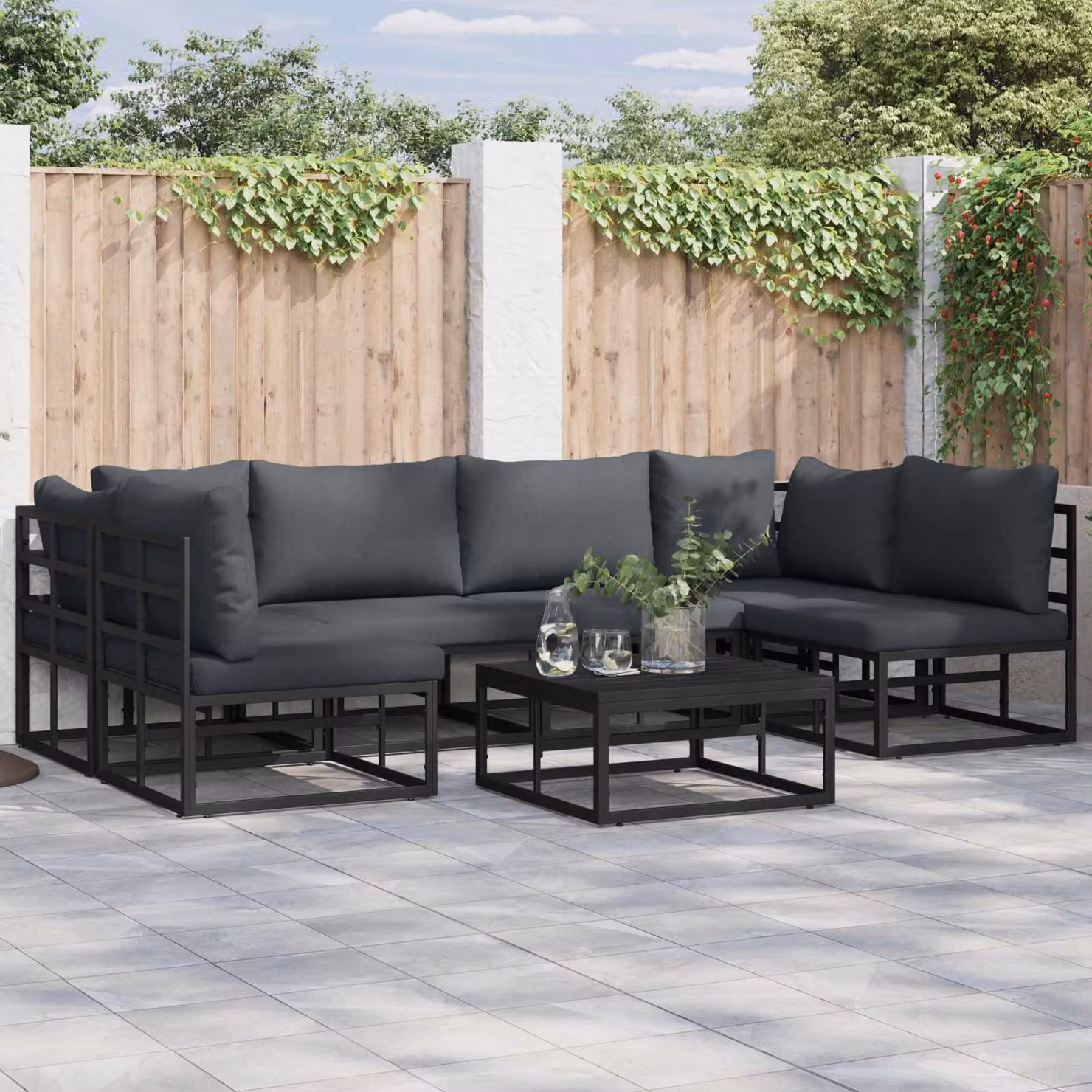 Set Divano da Giardino a L vidaXL in Alluminio Verniciato Nero con Cuscini Antracite 7 Pezzi – 1