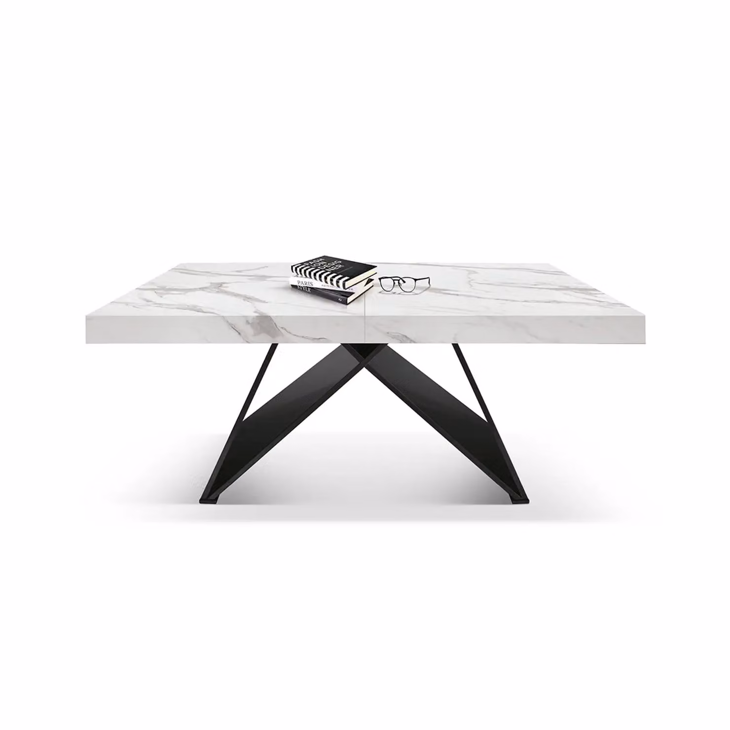 Tavolo VULCANO in legno, finitura bianco statuario e base in legno mdf nero, allungabile 160×90 cm – 240×90 cm