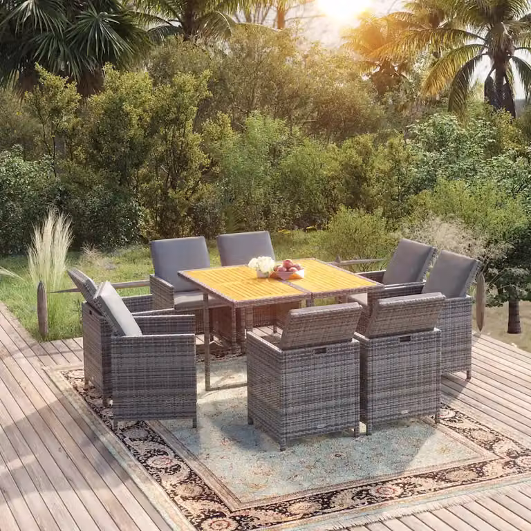 Set Pranzo da Giardino vidaXL in Polyrattan e Legno di Acacia Grigio con 9 Pezzi e Cuscini