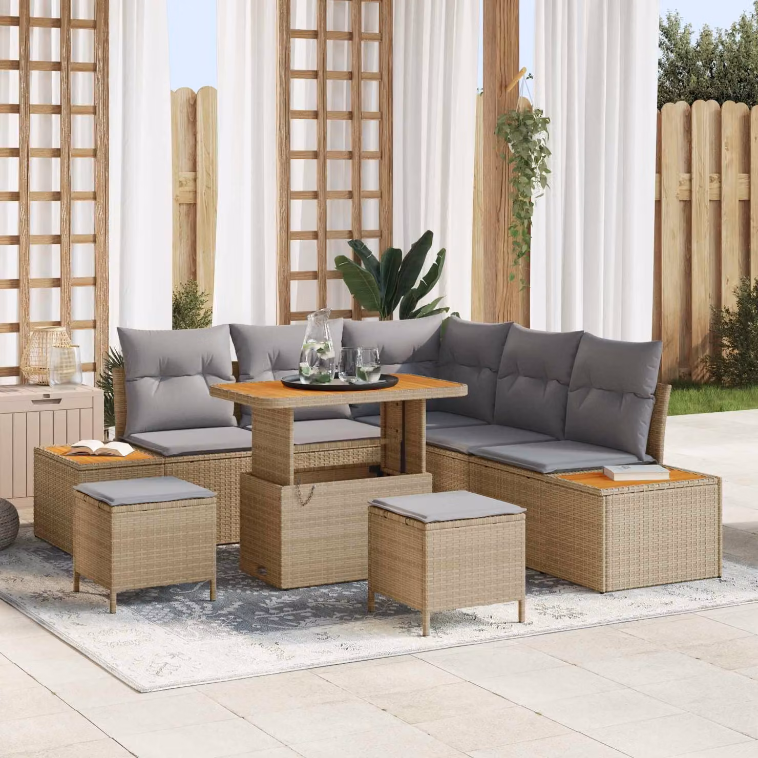 Set Divano da Giardino vidaXL 8 Pezzi con Cuscini Beige e Grigio per 7 Persone – 1
