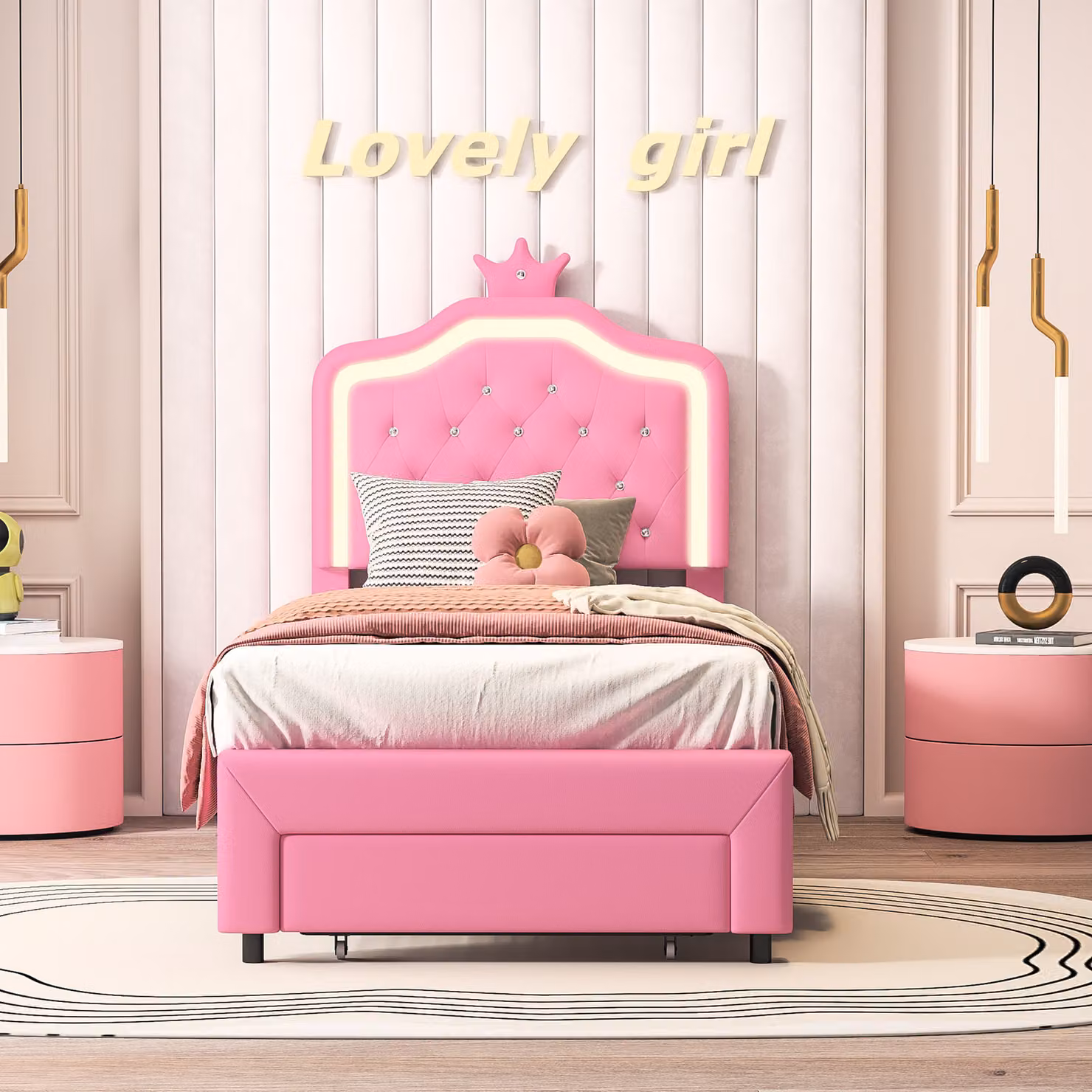 Struttura letto "Crown" 90 x 200 cm con illuminazione a LED, testata regolabile e cassetti, rosa