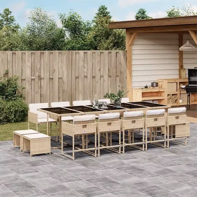 Set da Pranzo da Giardino 15 pz con Cuscini Beige in Polyrattan 3211354