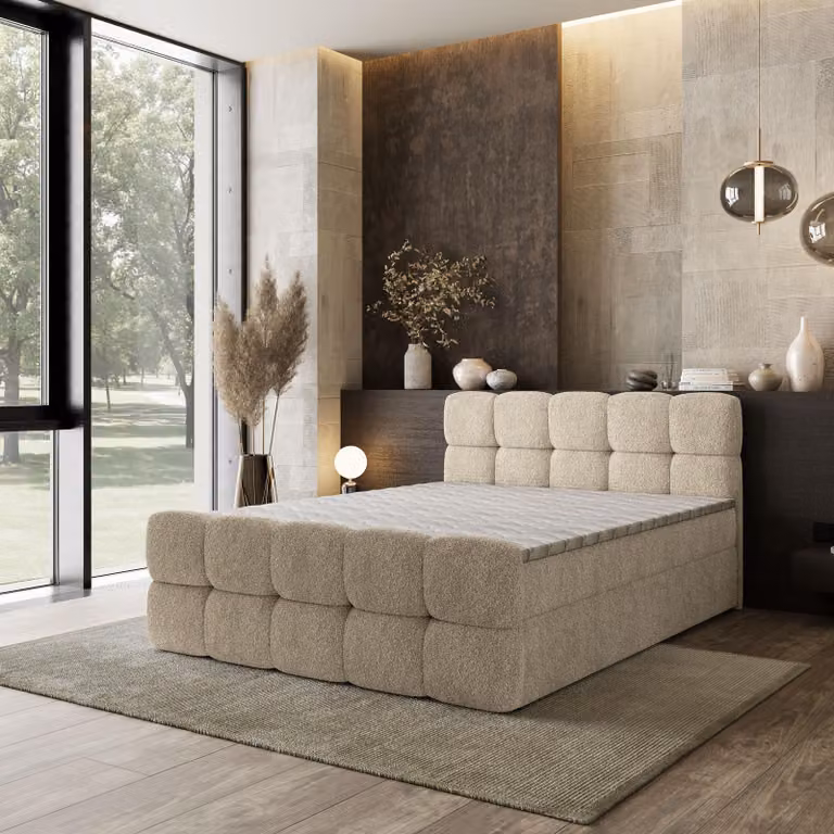 Letto boxspring Masseno BRUME 180x200 cm, set completo con materasso Bonell e topper, letto imbottito con cassetti - color crema, QUELLE 02