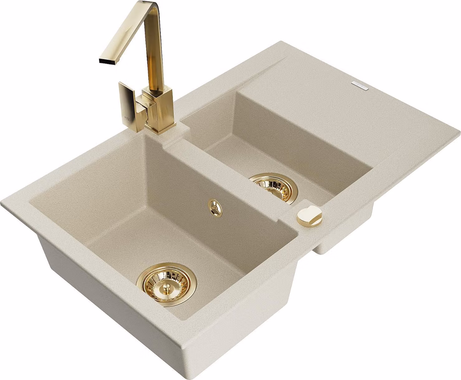 Mexen Gaspar lavello da cucina in granito a 1,5 vasche con scolapiatti e miscelatore cucina Rita, beige - 6507-69-670300-50