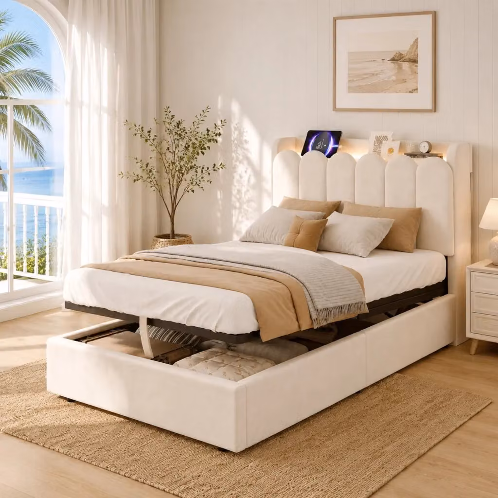 Letto singolo contenitore per bambini in tessuto beige e bianco con base a sollevamento, porta USB, Type-C, lampada da lettura e mensola integrata, L/P/H: 90 x 200 x 136 cm – 2