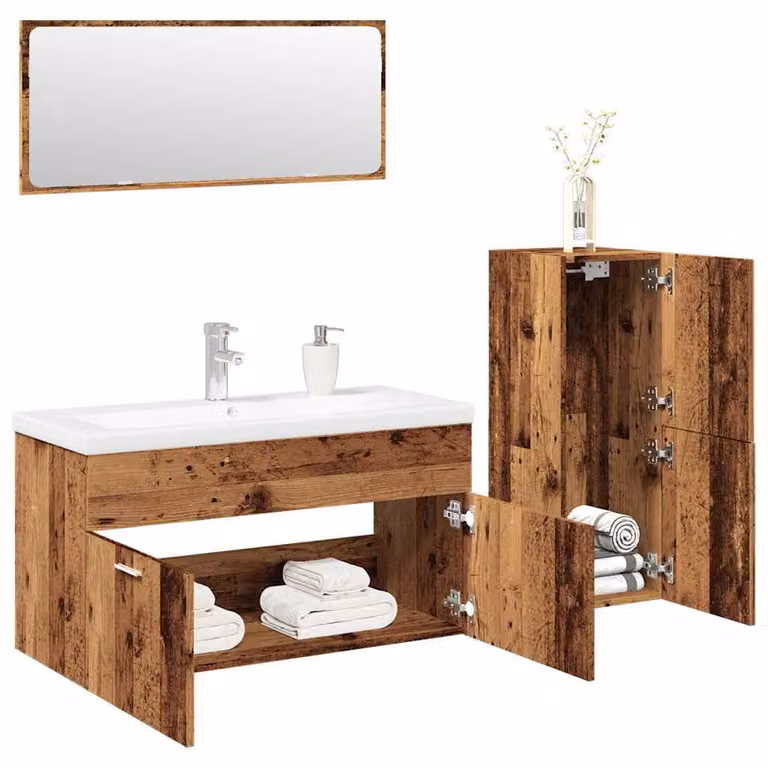 Set di mobili da bagno vidaXL 4 pezzi in legno antico marrone e bianco con mobile lavabo, pensili e specchio