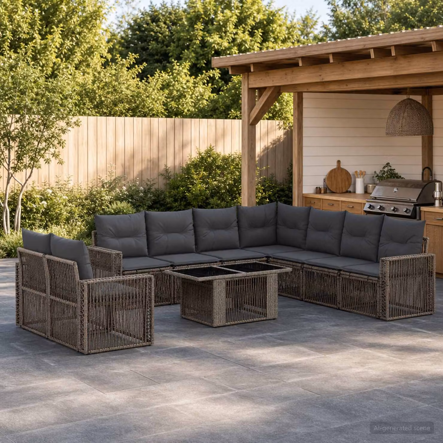 Set Divano da Giardino vidaXL in Polyrattan Grigio e Antracite con Cuscini e Tavolino da Esterno a Forma di U