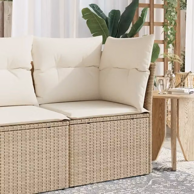 Divano Angolare da Giardino Design Mania in Polyrattan Beige con Cuscini e Coperture Rimovibili