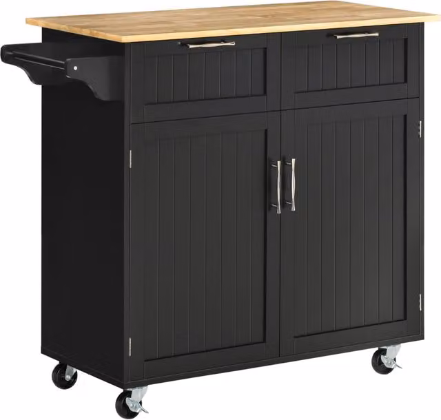 Carrello da Cucina Multiuso Moderno in Legno Nero con 2 Cassetti e 4 Ruote, L: 104 cm, P: 46 cm, H: 91 cm