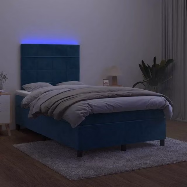 Letto matrimoniale con materasso ibrido vidaXL in velluto blu scuro con illuminazione LED sottostante e porta USB L/P/H: 123 x 193 x 128 cm