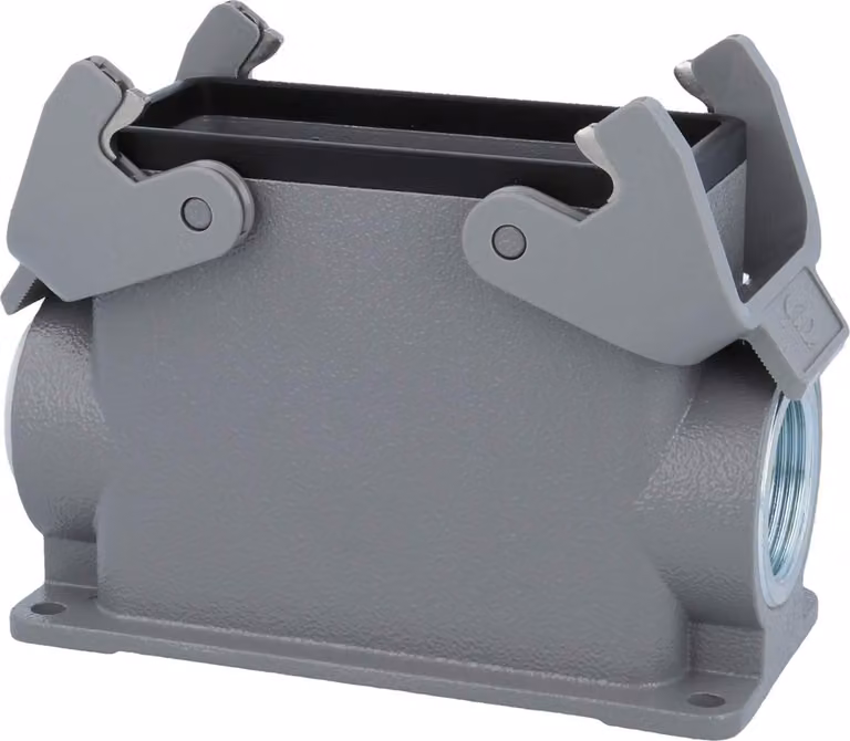 HARTING Han 16B Alloggiamento base alto, 1xPG21 uscita cavo laterale, con 2 staffe trasversali Vite PG21 Area di serraggio