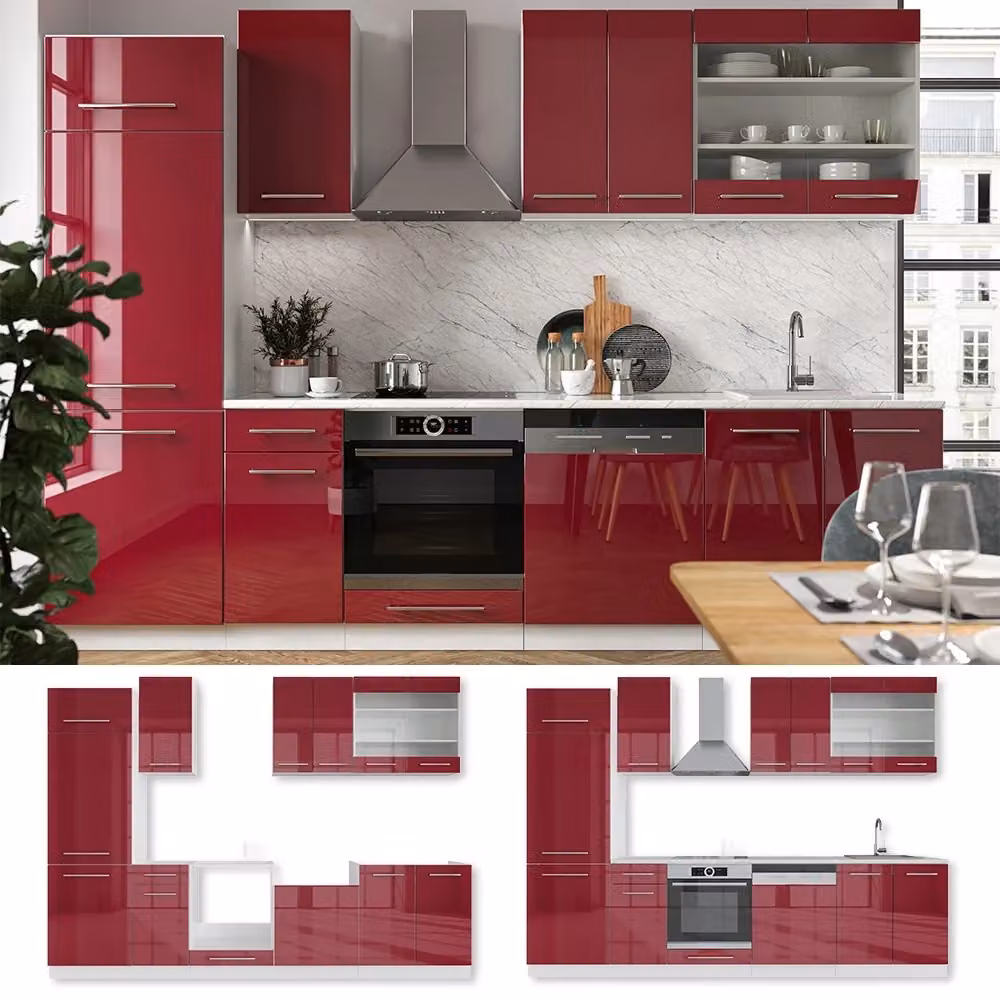 Cucina componibile moderna Fame-Line Vicco Bordeaux lucido e Bianco, larghezza: 300 cm, senza piano di lavoro – 2