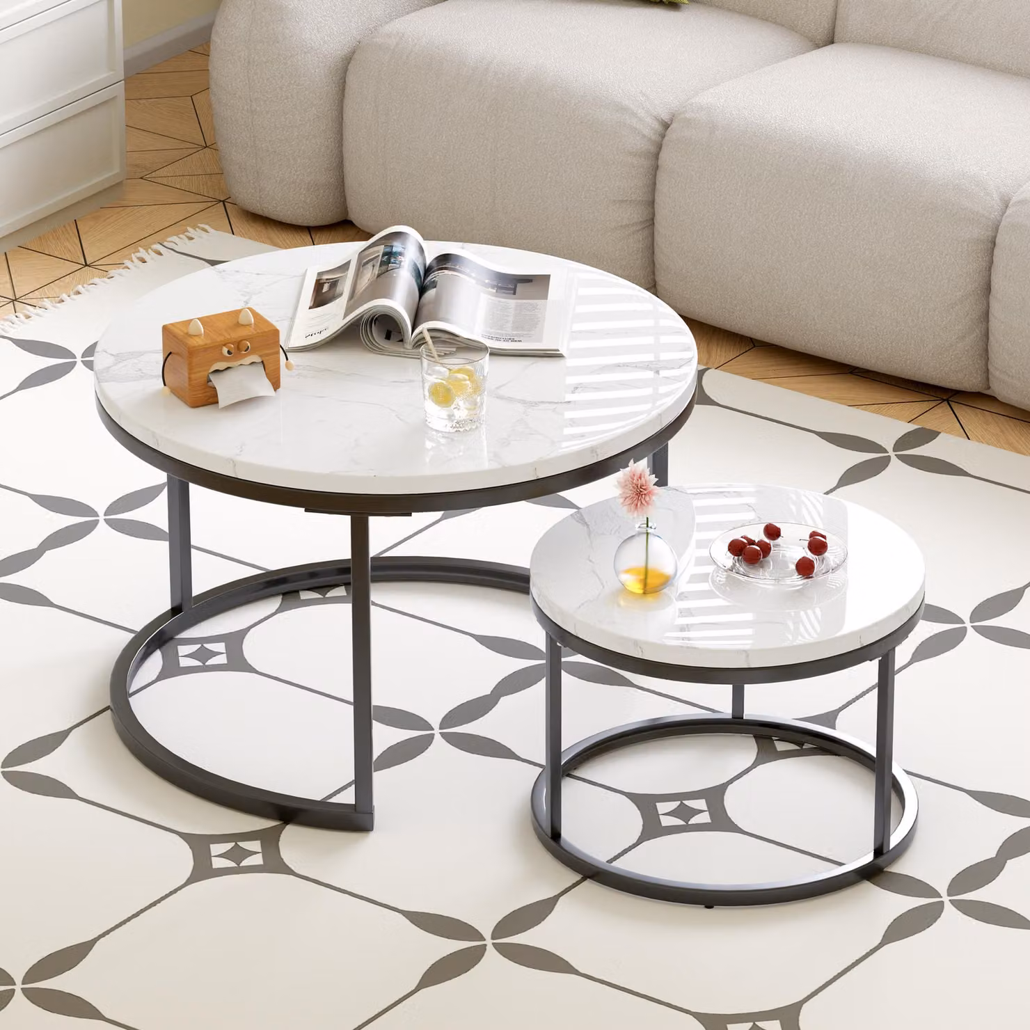 MODFU Tavolino 2 in 1 da salotto, tavolini rotondi Ø70+Ø45 cm, tavolo da soggiorno con struttura in metallo e piedini antiscivolo, nero&bianco