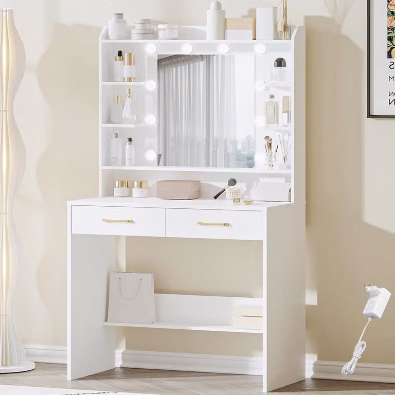 Comò da trucco con specchio e 2 cassetti, bianco, 40 x 80 x 149 cm