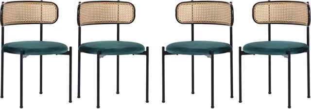 Set di 4 Sedie da Pranzo in Velluto Verde con Schienale in Rattan e Gambe Metalliche
