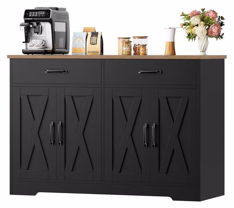 Mobile contenitore da 120 cm di larghezza, con piano di lavoro, 2 cassetti, 4 ante, colore nero e marrone