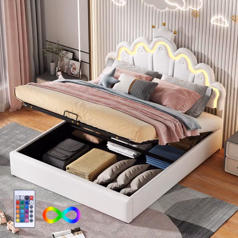 Letto imbottito Merax 140x200 cm, con LED, contenitore idraulico, testata con design a , letto per bambini, letto per principesse, letto per ragazzi, PU, bianco