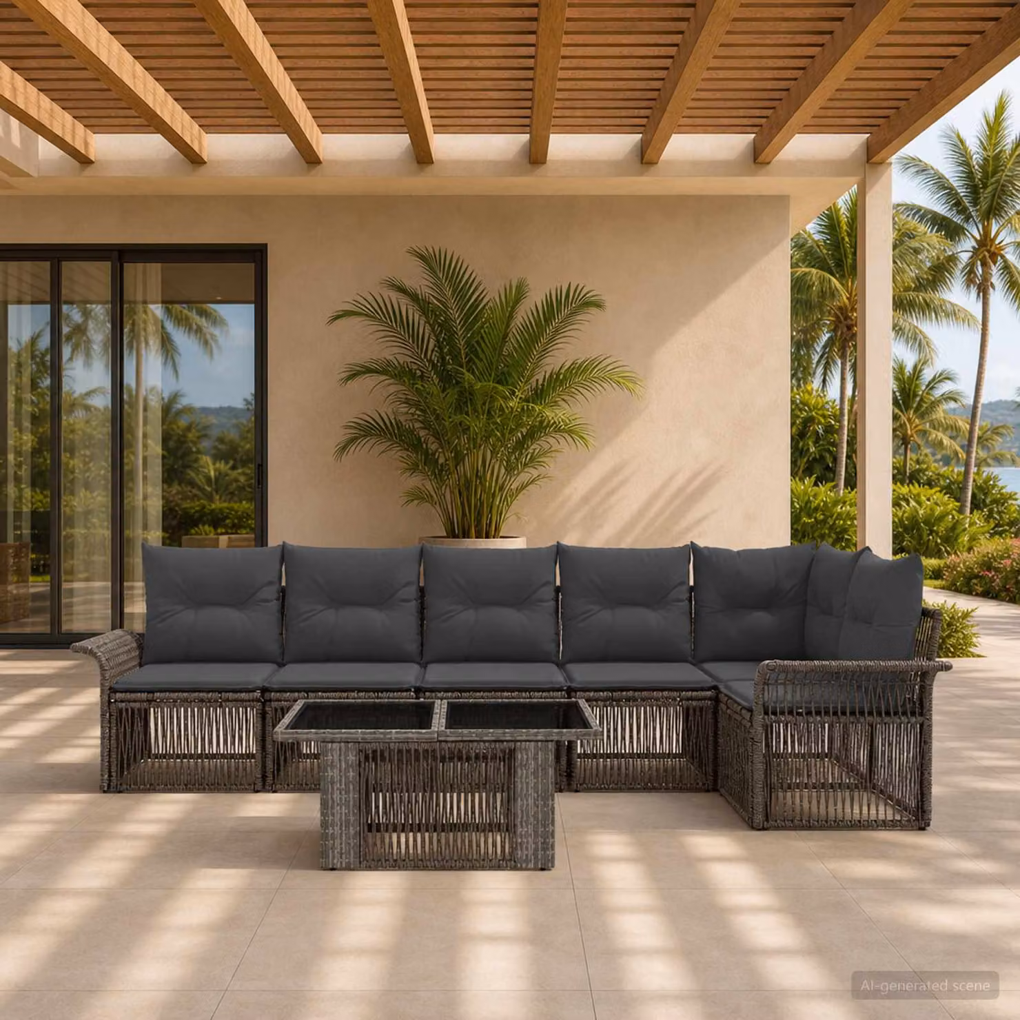 Set Divano da Giardino vidaXL 7 Pezzi in Polyrattan Grigio e Antracite con Cuscini e Tavolino