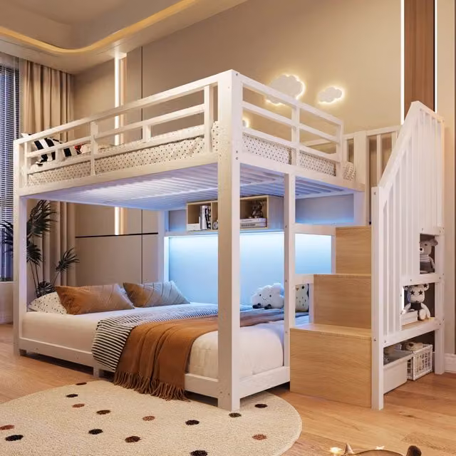 Letto a castello 140 x 200 cm; strisce LED; 3 scomparti contenitore; scala con contenitore; sponde di sicurezza; struttura in metallo; bianco